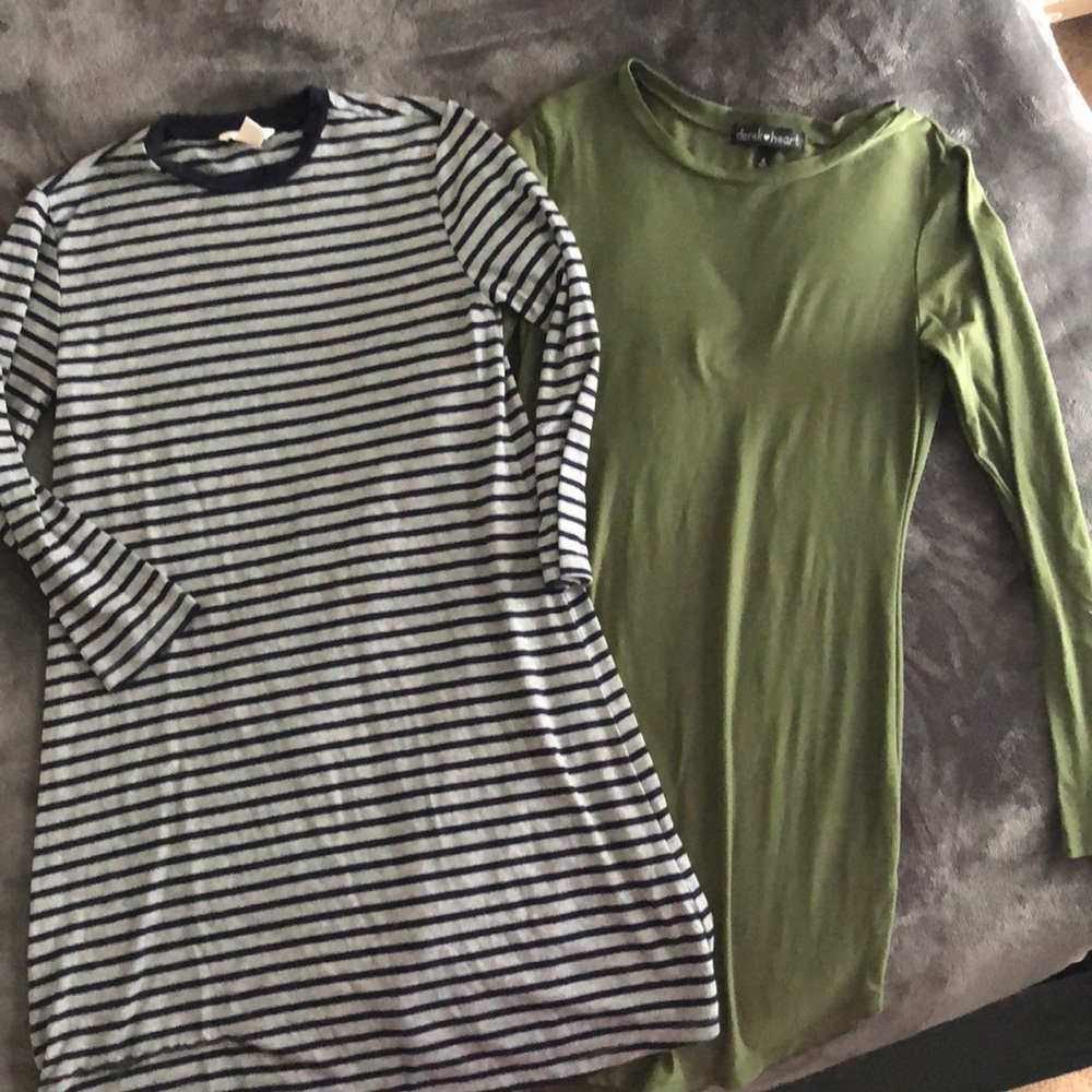 Green dress and grey and navy striped dress